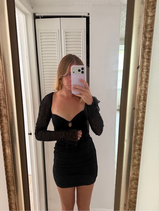 Oh Polly Dresses & Skirts - Oh Polly Black Sheer-Sleeve Sweetheart Mini Dress